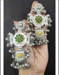 Handcrafted Silver Jhumka Earrings with Monalisa Stone Pastel <b>Kundan</b> Stones and Pearl Beads Ethnic Indian Statement <b>Jewelry</b> - Product Image 2