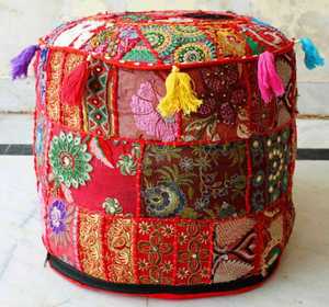 Handmade Boho Floor <b>Pouf</b> <b>Cover</b> for Living Room Decor Woven Multi-Color Patchwork Ottoman Case Embroidery Footstool Decorative - Product Image 1