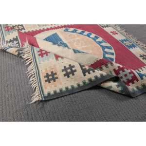 Alfombra Turca Vintage de Kilim con Diseño de Patchwork, 2.8x2.8 pies (86x85 cm), Lana Roja, Ecológica, con Respaldo de Látex, para el Hogar - Product Image 4