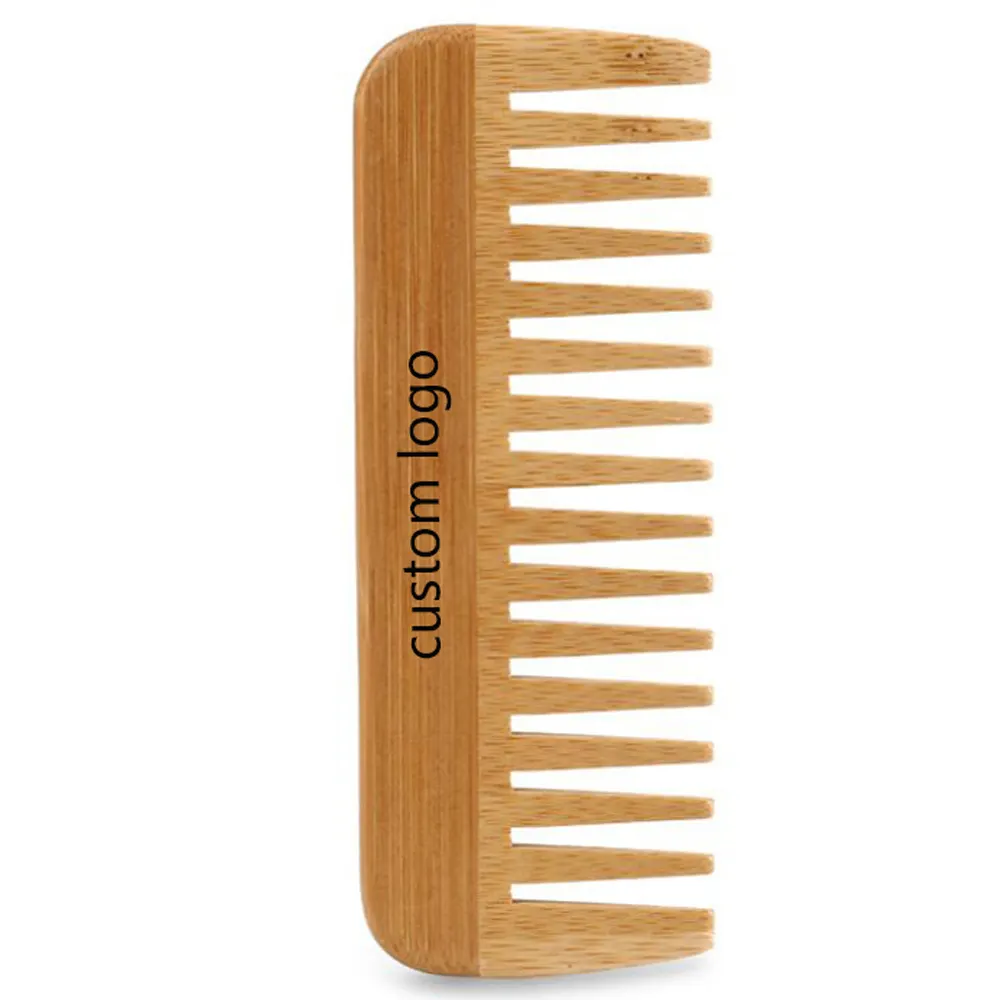 Peines de madera de etiqueta privada Peine de dientes anchos Logotipo personalizado Peine de pelo de marca de madera de bambú