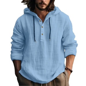 Nouvelles chemises en coton et lin à capuche lâche grande taille pull décontracté à manches longues à capuche hommes - Product Image 3