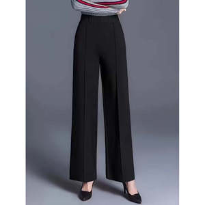 Pantalon en crêpe importé pour femme, taille haute, côtelé devant, ourlet large, 31137 - Noir - Product Image 2