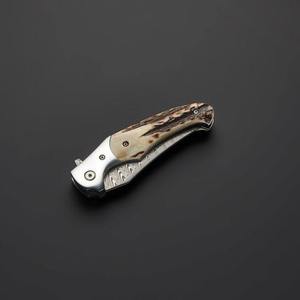 Cuchillo de bolsillo plegable de acero de Damasco hecho a mano, Funda de cuero, cuerno OEM, herramientas de caza industriales - Product Image 3