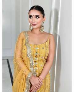 Venta al por mayor de ropa de fiesta de diseñador Faux Georgette hermosa secuencia bordada Top y pantalón con corte de fantasía trabajo Dupatta Set - Product Image 2