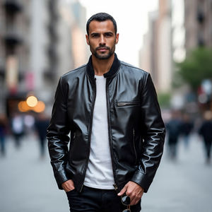 Chaqueta Vintage de Cuero para Hombre, Chaqueta Ajustada, Cuello Levantado, Logotipo Frontal Impreso, A Prueba de Viento, Transpirable, Informal, Invierno - Product Image 1