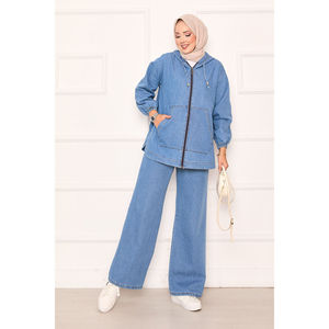 Ensemble en jean bleu pour femme avec fermeture éclair et poche kangourou - Product Image 5
