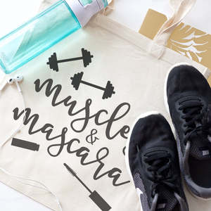 Solid Color Gym Cotton Canvas Tote Bag with Open Closure Muscles and Mascara Design - Product Image 2