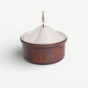 Premium Table Serving Pot Luxury Wooden Insulated <b>Hot</b> Pot Silver Low-Profile Cylindrical Stainless Steel Interior Polished - Product Image 5