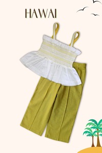 Çocuklar kızlar Hawai önlüklü kırpma üst ve pilili pantolon çocuk giyim seti % 100% pamuk hindistan plaj tatil özel OEM toptan - Product Image 2