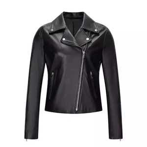 Veste aviateur en cuir d'agneau véritable noir pour femme, col chemise, sur mesure OEM - Product Image 2