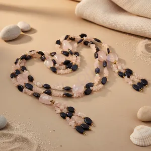 Bohemian Style <b>Rose</b> <b>Quartz</b> & Onyx Beaded Necklace Trendy Religious Gemstone <b>Jewelry</b> for Women for Party or Gift - Product Image 1