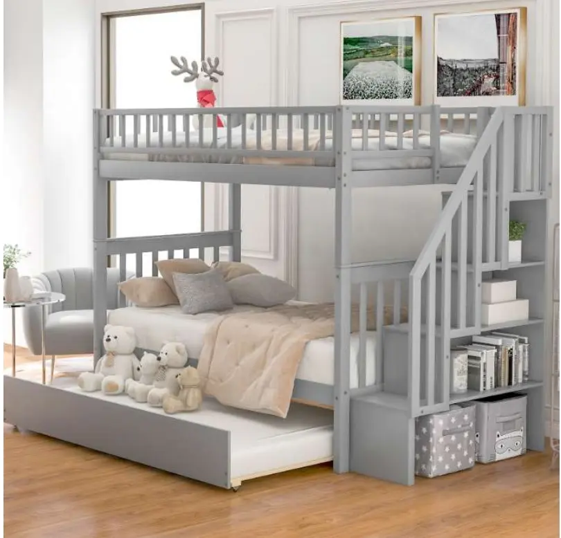 Wood Twin Over Twin bunk Bed dengan Trundle dan Storage (Gray)