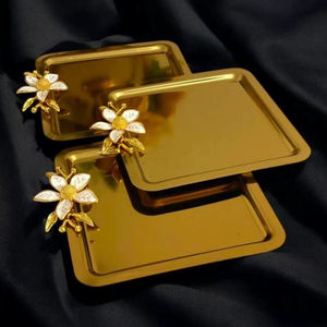 Decorative <b>Set</b> Of 3 Gold Trays With <b>White</b> Flower Accents Perfect For Gifting Home Use Parties Festivals And Entertaining - Product Image 1