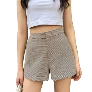 Tùy chỉnh thiết kế của phụ nữ quần cao EO SỌC thường xuyên phù hợp với thoáng khí Crepe LEN KẺ SỌC kiểm tra Tweed kẻ sọc quần short