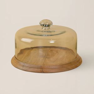 Round Handmade Acacia/Mango Wood <b>Glass</b> Cloche Cake <b>Dome</b> Food Display Cover Home Centerpiece Restaurant Table Decoration Buffet - Product Image 1