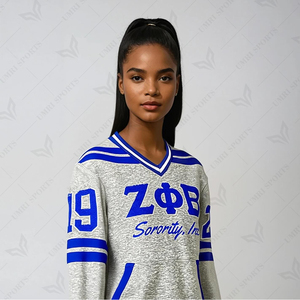 เสื้อสเวตเชิ้ตคอวีผ้าฟลีซปักลายฤดูหนาว 100% ผ้าฝ้าย ขายส่ง พร้อมขอบยางยืดตัดสี ZPB Sorority Fraternity Nine - Product Image 2