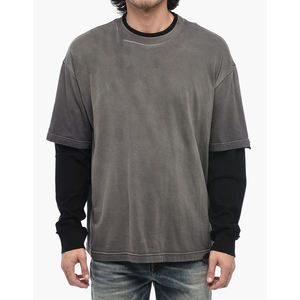 Camiseta holgada de 100% algodón para hombre, camiseta de manga larga con cuello simulado de doble capa, ropa de calle de alta calidad con estampado de patrón sólido - Product Image 1