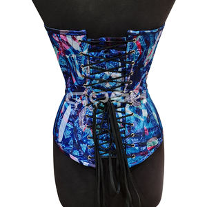 Corsé vintage de satén azul con estampado azteca, con copas con aros, varillas de acero y cierre frontal tipo busk. - Product Image 6