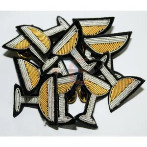 In Stock Hand Embroidered Cocktail Glass Pin Patch EBC Made Bullion Brooch Customized Shape Symbol Design Logo Brooches Patches