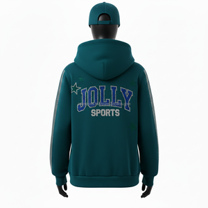 Sudadera con Capucha de Forro Polar para Mujer, Color Verde Azulado, Panel de Pedrería en la Manga, Logotipo Bordado Personalizado, Ropa Urbana Elegante, Sudaderas Básicas para Mujer - Product Image 2