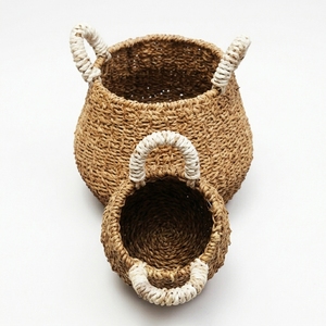 Natural Hand Woven Seagrass <b>Storage</b> <b>Basket</b> Set <b>White</b> Wrapped Handle Belly Round Pot Planter Setup Decor Pure Art Room Design - Product Image 3