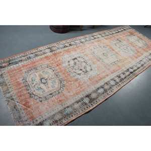 Alfombra turca vintage, naranja y azul de retazos diseño clásico, tejido plano de lana de 4,2x11,3 pies para decoración de sala de estar, respaldo de látex - Product Image 2