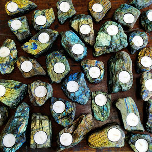 Portavelas de bradorita Natural, cristal de piedras preciosas en bruto, piedras preciosas multicolores, piedras preciosas curativas, decoración del hogar para Decoración - Product Image 2