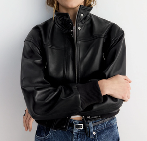 Blouson Bomber Moto Unisexe en Cuir Véritable Vintage, Col Montant, Fermeture Éclair, Coupe Droite, Noir Uni, Hiver, Logo Avant - Product Image 1
