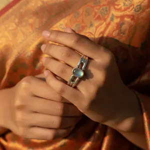 Anillo de Plata de Ley 925 con Piedra Lunar Estilo Boho para Mujer, Patrón Geométrico con Engaste Invisible, Chapado en Rodio, Joyería de Regalo - Product Image 2