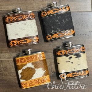 6oz Stainless Steel Modern Pewter <b>Hip</b> <b>Flask</b> with Handcrafted Leather Pouch, Cowhide Leather Cover for Vodka and Whisky - Product Image 1