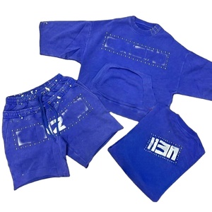 Ensemble de survêtement décontracté pour homme avec logo personnalisé, 100% coton velours, sequins thermocollés, séchage rapide, fermeture éclair, polo et short de jogging - Product Image 6