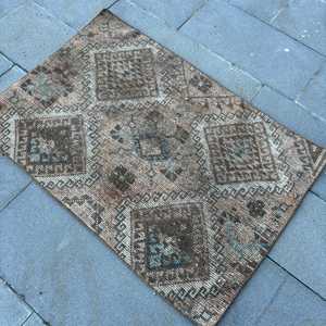 2.6x3.9 ft Small Turkish Vintage Rug, <b>Brown</b> Check <b>Wool</b> Rug - Product Image 4