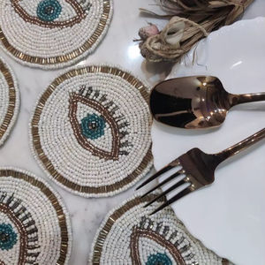 Posavasos Cuadrados con Cuentas Hechos a Mano por MS HANDICRAFT - Diseño Clásico con Reverso de Poliéster (4x4 Pulgadas) Regalos Religiosos y para Iglesia Portátiles - Product Image 1