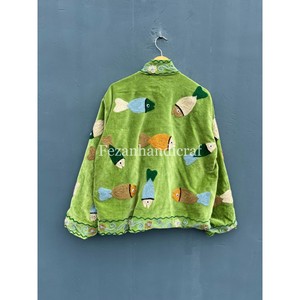 Autumn Unisex Handmade BoHo Hippie Short <b>Coat</b> Winter Jacket Fish Embroidery Velvet Outer Cotton Lining Knitted Stand Party Wear - Product Image 6