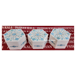 Design étonnant forme hexagonale marbre blanc bleu nacre incrustation boîtes à bijoux pour la maison et les affaires objet cadeau - Product Image 1