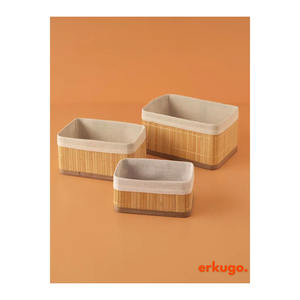 Panier rond en bambou de style moderne en 3 pièces Doublé de tissu Écologique Boîte de rangement polyvalente pour armoire - Product Image 4