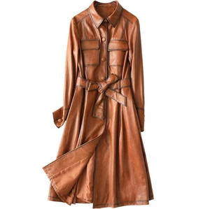 เสื้อโค้ทยาวเข้ารูปของผู้หญิงหนังแท้วินเทจใส่สบายกันลมมีกระเป๋าด้านหน้าสำหรับฤดูหนาว - Product Image 1