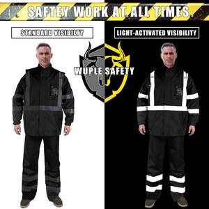 Veste et pantalon de pluie réfléchissants pour hommes et femmes, équipement de pluie imperméable avec doublure en maille intérieure et poche, noir - Product Image 5