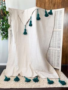Bohemian Cotton Throw <b>Blanket</b> Solid White Teal Tassels Rectangular Woven Decorative Bedding Home All-Season - Product Image 6