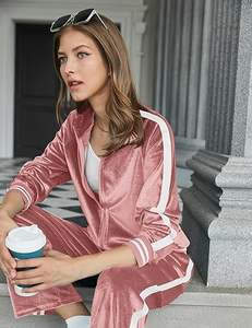 Survêtement en velours pour femme-Ensemble de salon 2 pièces avec sweat-shirt et pantalon de survêtement, tenue en velours zippée avec poches pour tenue décontractée - Product Image 2