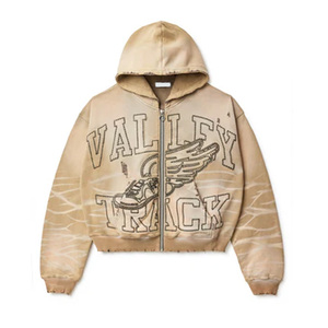 Wholesale Custom <b>Men</b> Acid Wash Zip Up <b>Hoodie</b> Distressed Ripped Streetwear Embroidery Heavyweight OEM ODM - Product Image 6