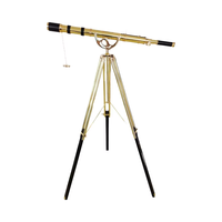 Télescope nautique en laiton vintage à double baril, debout au sol, finition en laiton brillant, cuir noir, demi-lune, artisanat en métal antique