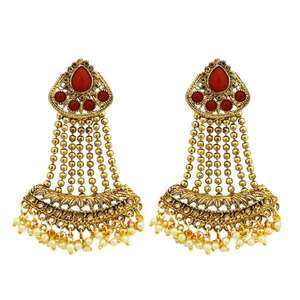 Boucles d'oreilles Kriaa Fine Dangle Maroon Kundan Stone avec plaqué or Modèle 1310538B - Product Image 1