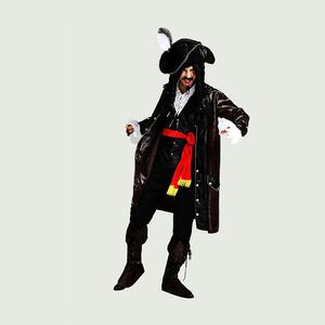 Men <b>Retro</b> Sea Captain Costume Set, Faux Leather Long Jacket with Matching Hat and Wig for Stage Performance - Product Image 5