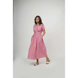 Robe d'été pour femmes, rose, manches courtes, longueur au sol, col en V, style enveloppant, couleur unie, décontractée, ample, naturelle, lavable - Product Image 3