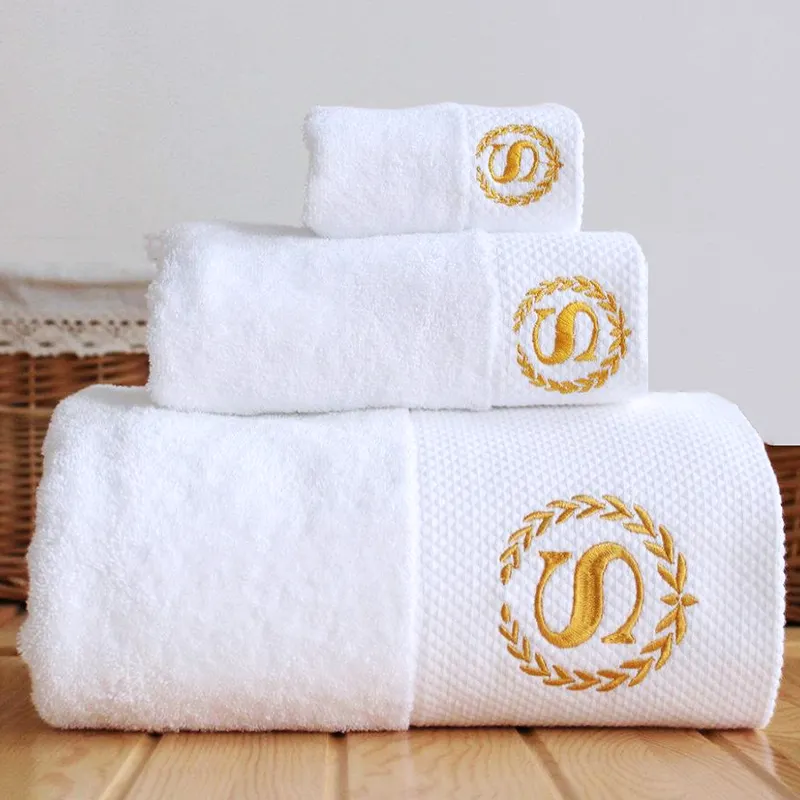 Ensemble de serviettes blanches avec Logo brodé personnalisé, pour Spa 100% coton éponge de luxe, serviettes de bain d'hôtel
