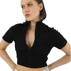 Atasan & kaus crop ritsleting wanita, 2024 katun solid slim fit streetwear atasan kamisol koleksi grosir