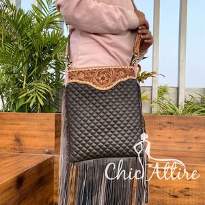 New Arrival <b>Designer</b> Crossbody Shoulder <b>Bag</b> Hand Tooled Quilted Genuine Leather with Large Fringe Luxury High Quality Handbag - Product Image 1