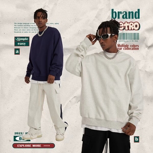 Pull à col rond en couleur unie lourd de 420 g pour l'automne et l'hiver, logo personnalisé, style rétro américain, hauts amples et branchés, sweat-shirts - Product Image 2