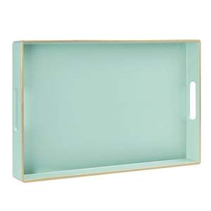 Plateau de service rectangulaire en bois laqué bleu menthe, avec poignées dorées, pour la décoration de table basse, meilleur prix - Product Image 1